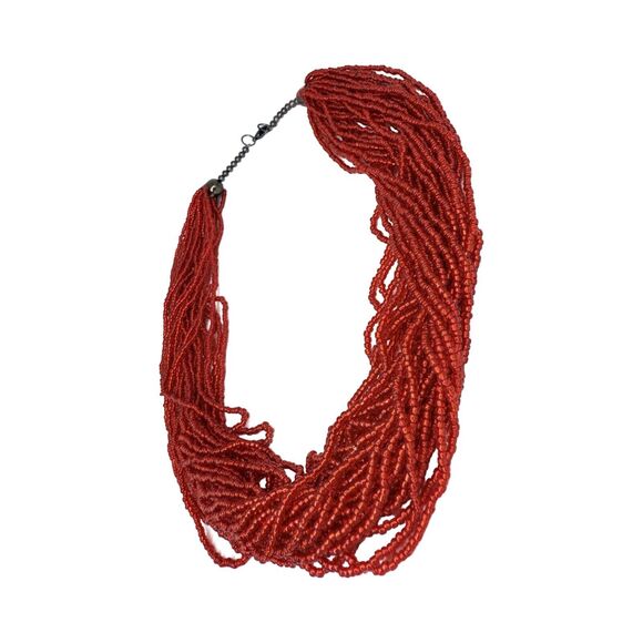 Red Seed Bead Layered Statement Necklace 21", Bold & Heavy Design - Picture 8 of 13